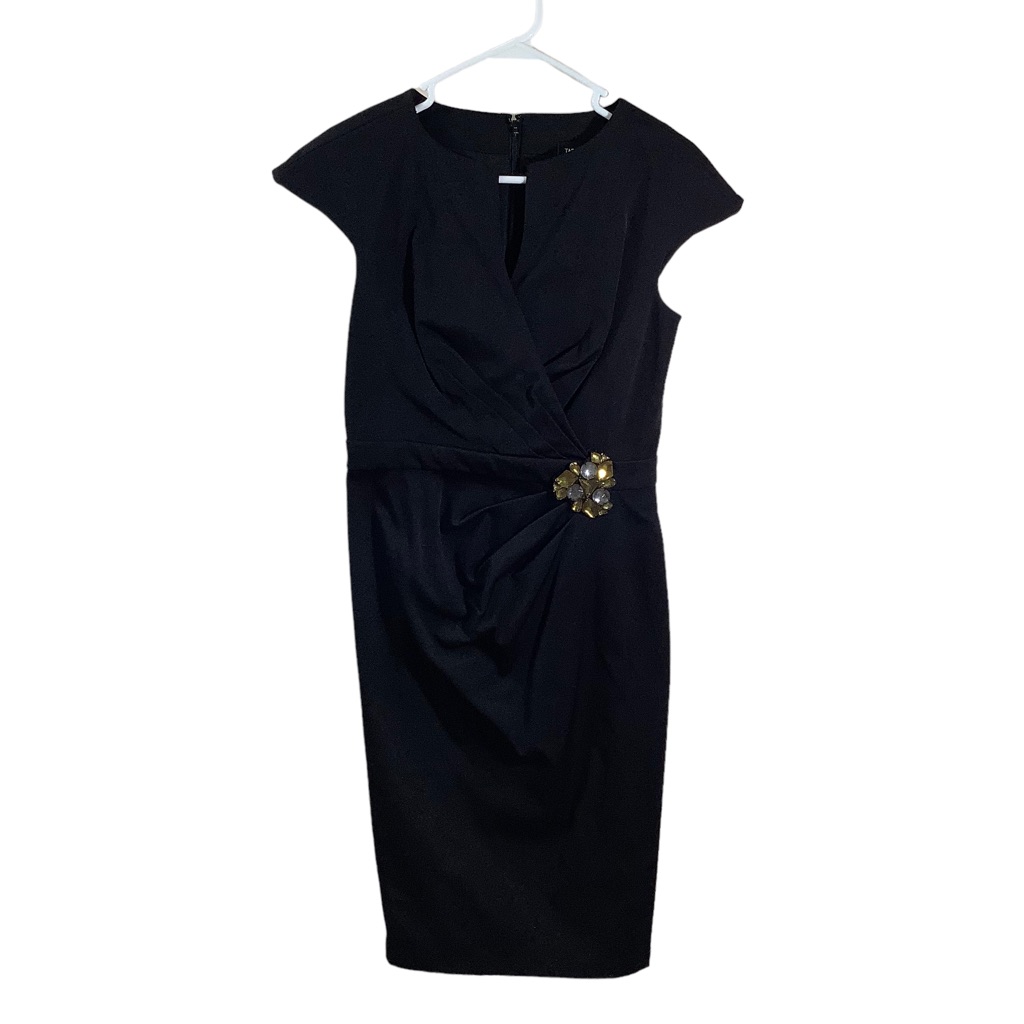 Tadashi Shoji Faux Wrap Cap Sleeve Little Black Dress Gem Bling Accent